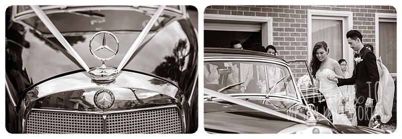 Bride and groom getting into a vintage Mercedes chauffeured by TripleR Cars, heading off for their wedding