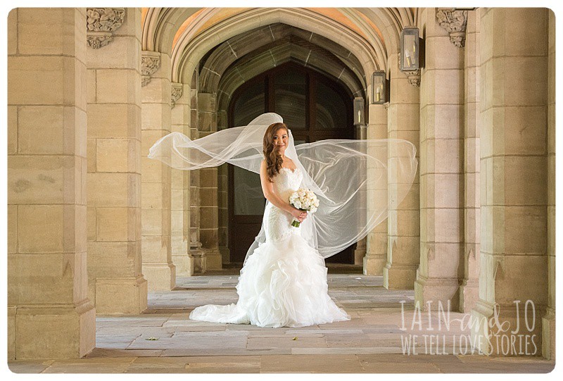 Full-length picture of a bride taken at the Philosophy building at Melbourne University