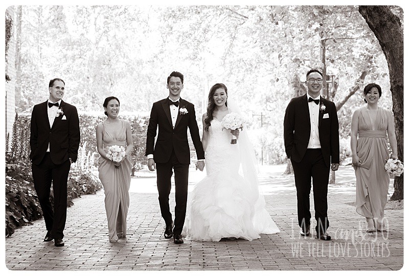 The bridal party wander the grounds of Melbourne University