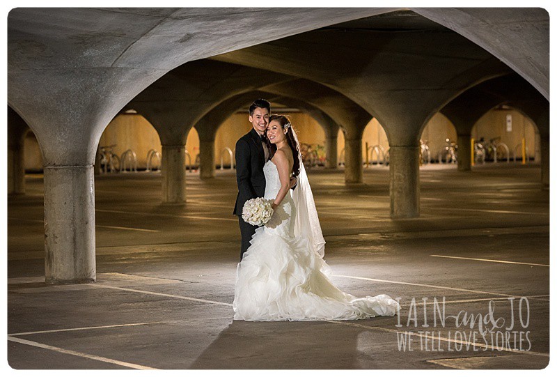 Bride and Groom under the arches at the Melbourne University Carpark