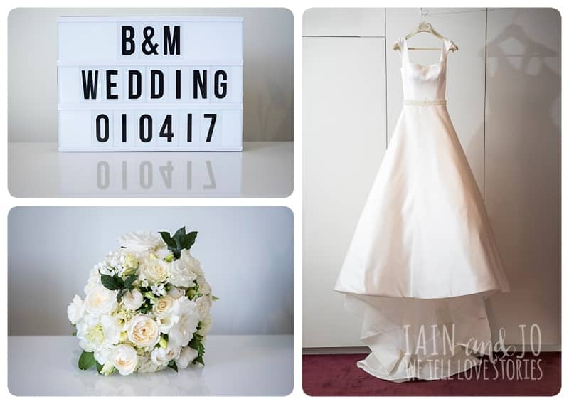 Collage of Bouquet, Wedding Text and Bridal Gown