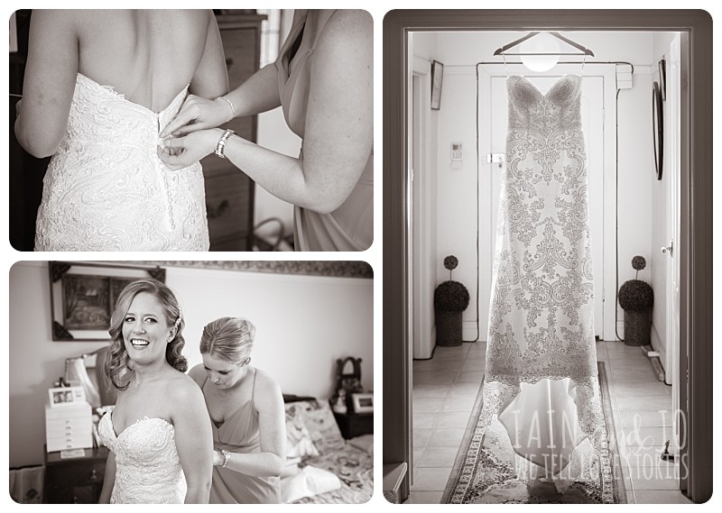 Black and white photos of bride preparing before wedding