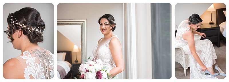 Bride wearing gown and getting ready