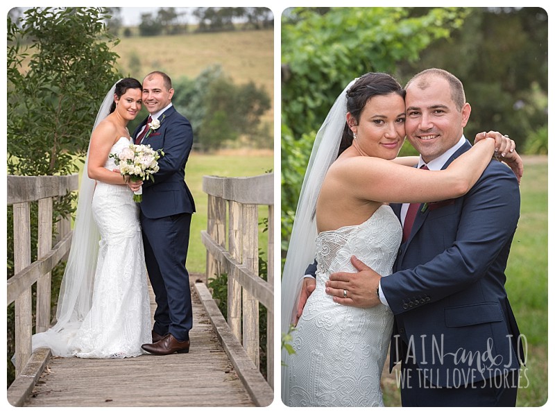 Bride and groom cuddling