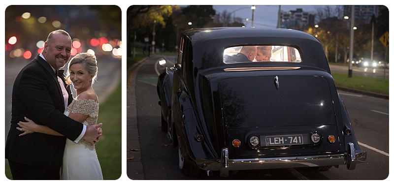 Bride and groom with car